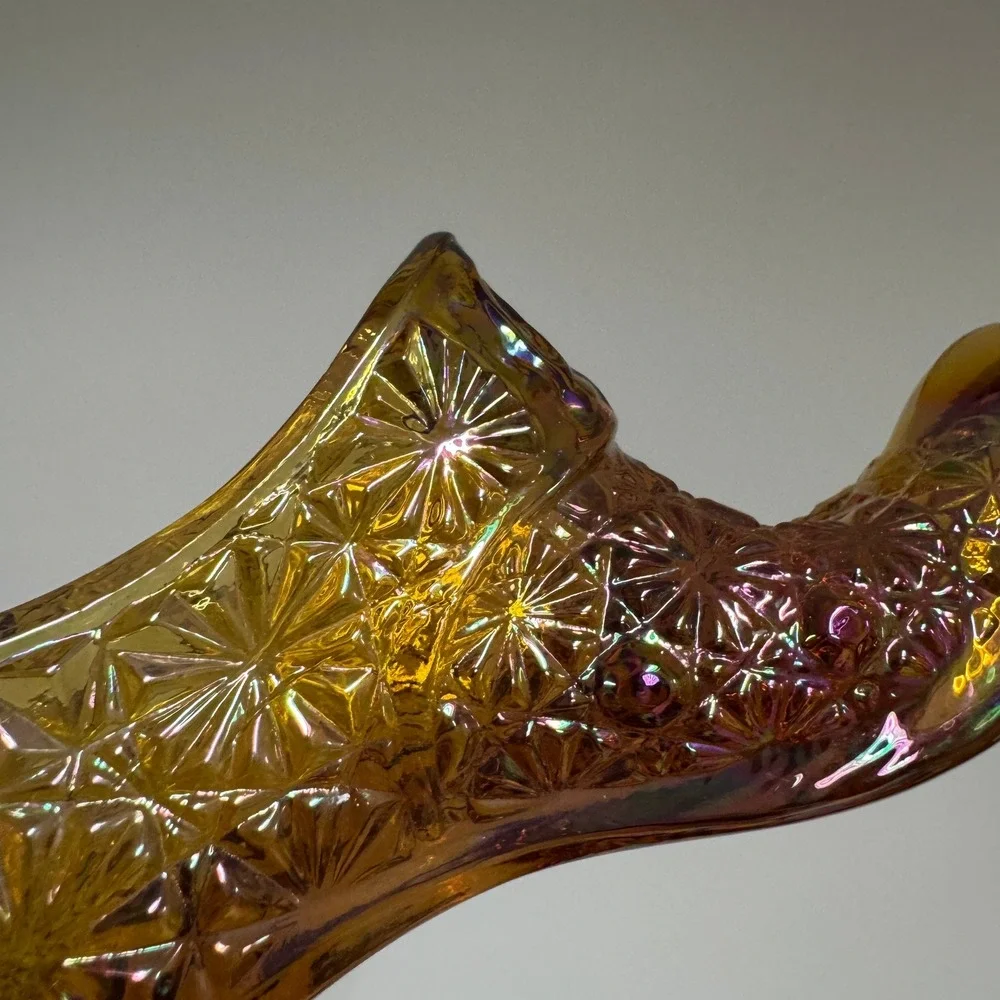 Vintage Amber Carnival Glass Slipper Daisy and Button Iridescent Boot Figurine